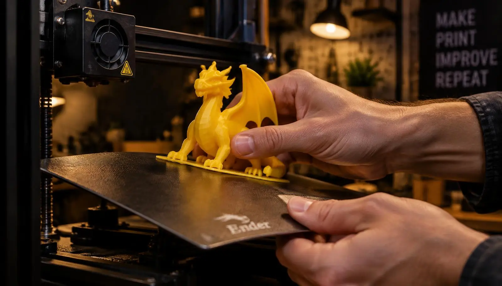 Peça impressa em 3D sendo retirada da mesa da impressora